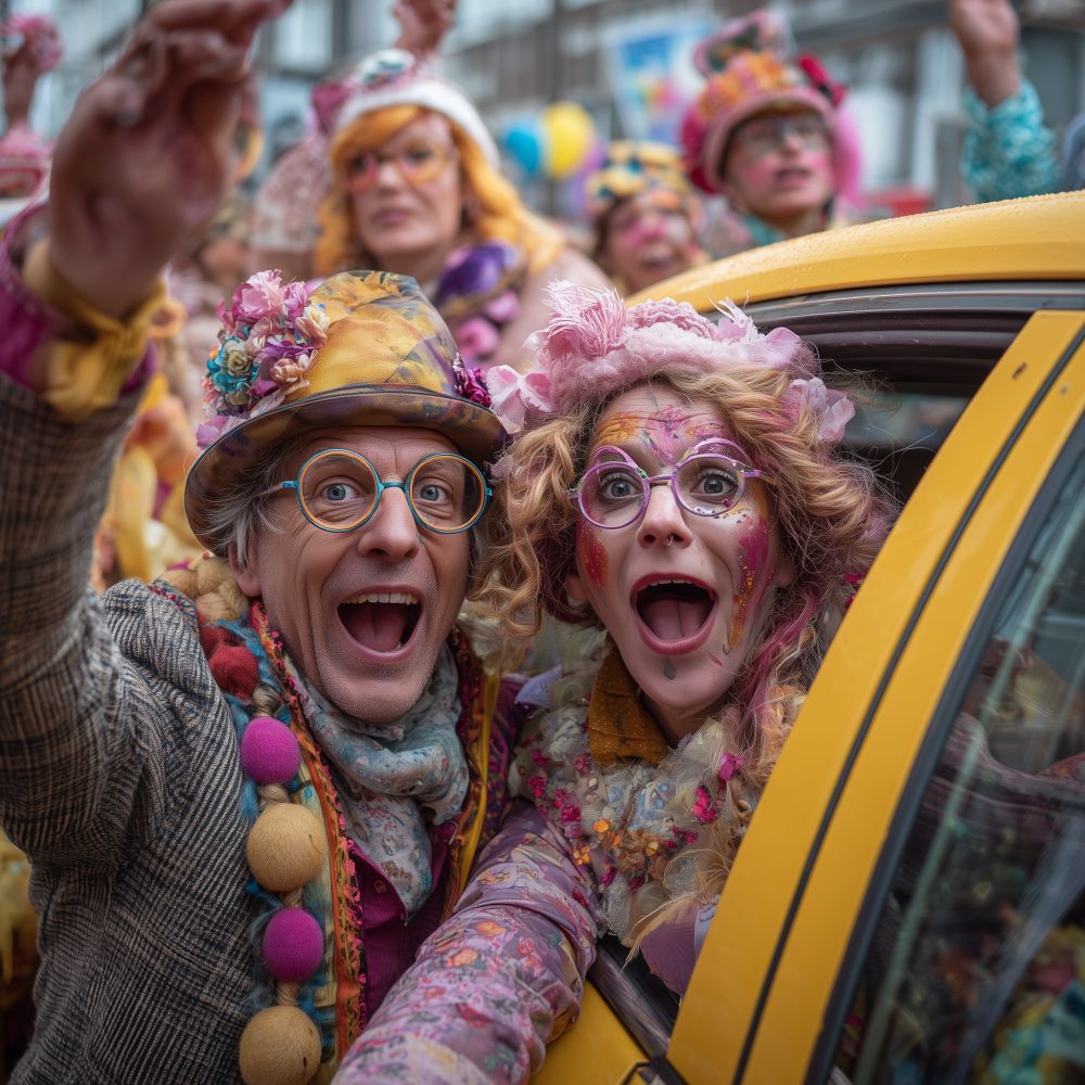 Eine Straßenkarnevalsszene: Im Vordergrund links ein Mann und rechts eine Frau, die aus einem gelben Auto herausschaut. Beide sind bunt gekleidet, sie grell geschminkt, und tragen Ketten, Hüte und auffällige Brillen. Die Münder sind lachend weit geöffnet. 
