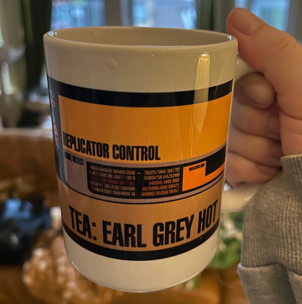 mug designed to look like the replicator panel from star trek the next generation. the big bottom text is picard’s regular order of tea, earl grey, hot. while the tea inside will never be as good as a fresh cup of matcha made by my girlfriend while i gaze at her, we must make do.
