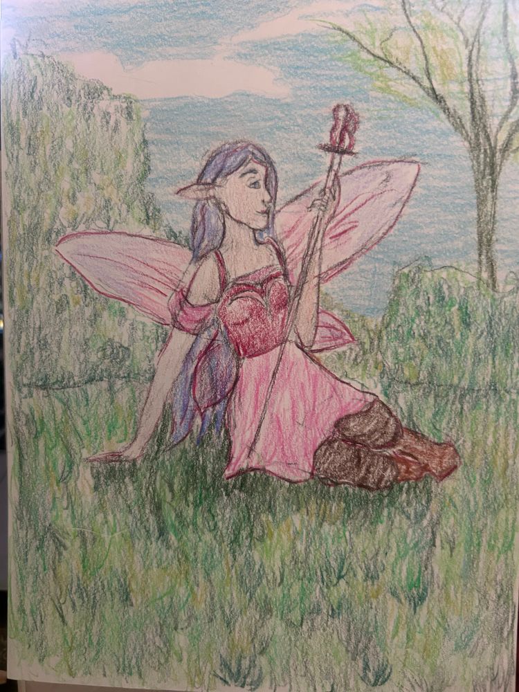 Colored pencil drawing of a fairy wearing a pink dress and holding a rapier on a green background of foliage