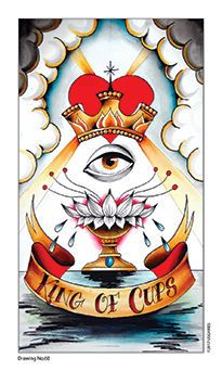 The King of Cups Tarot card.  A single eye wearing a heart crown, with a flower in a chalice below, and the text King of Cups on a banner below.