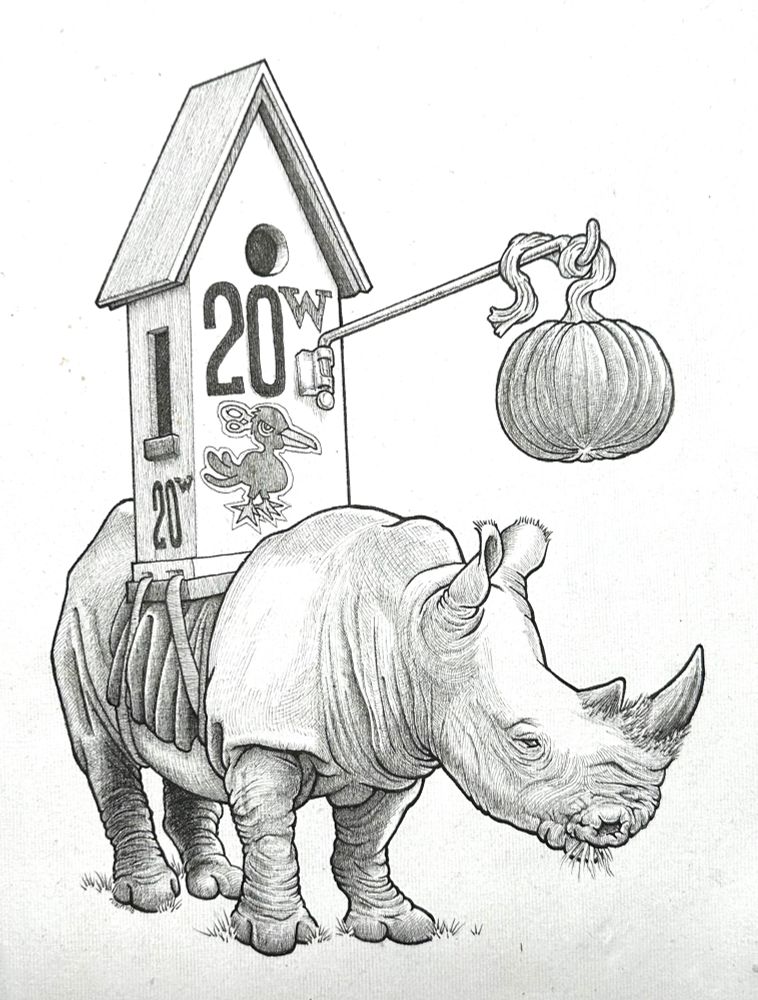 A pen drawing of a rhinoceros with a house-shaped burden on its back. The rhino is mostly grey. The house has the number 20 and letter “w” and a scissor headed bird on the front. There is a long brass pole that extends out horizontally from the structure that has a pumpkin dangling from it