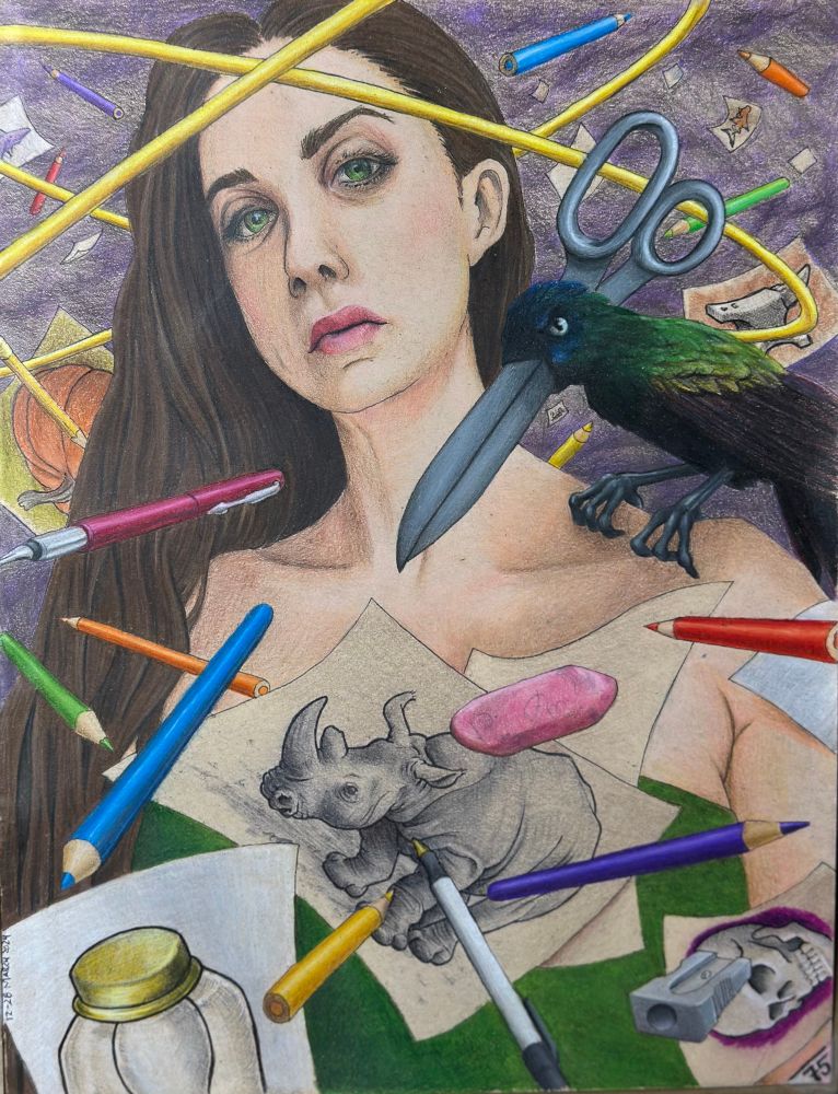 A pen and color pencil drawing of young brunette woman in green dress with a dark rainbow colored scissor-beaked bird upon her shoulder calmly looks to the viewer while pieces of paper, pens and pencils swirl around her