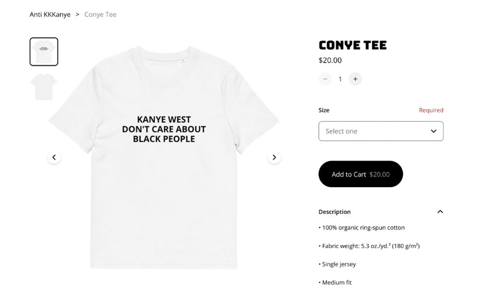 plain white tshirt that reads KANYE WEST DON'T CARE ABOUT BLACK PEOPLE

get yours for $20 at kaicomedy.square.site
