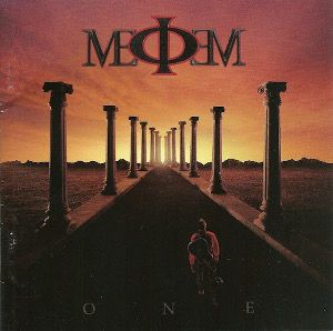 A road leading into the distance lined with GrecoRoman columns. A man with an acoustic guitar stands in the foreground back to us. Shadowy with light in the distance. M (PHI) M on the top; ONE on the bottom.