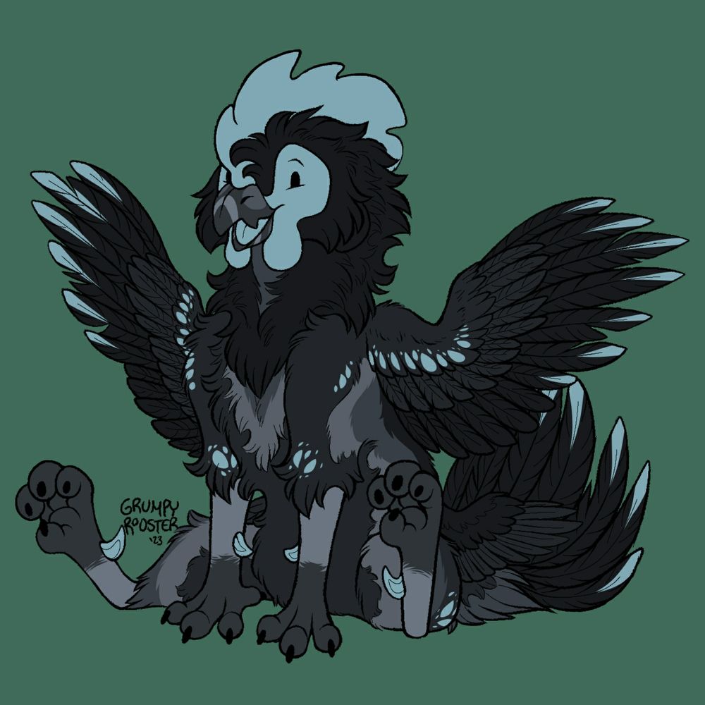 Four-legged black and gray chicken with light blue accents sitting down in a cute pose. Concept is "double gryphon!"