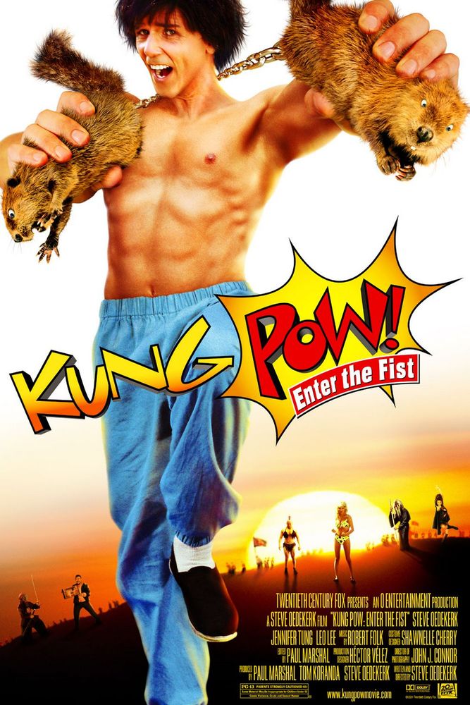 Poster for Kung Pow! Enter the Fist. A shirtless American male stricks a kung-fu pose while wielding 'gopher-chucks'. 