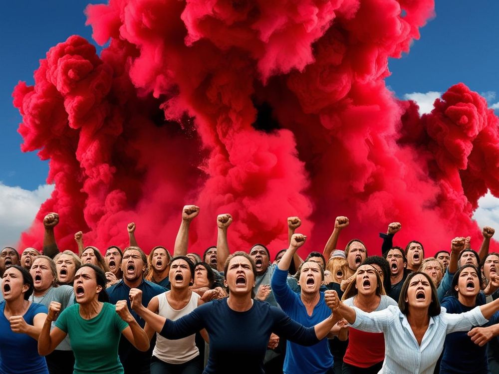 An angry mob of  people. Behind the mob, bright red billows. Generated with Dream Lab.