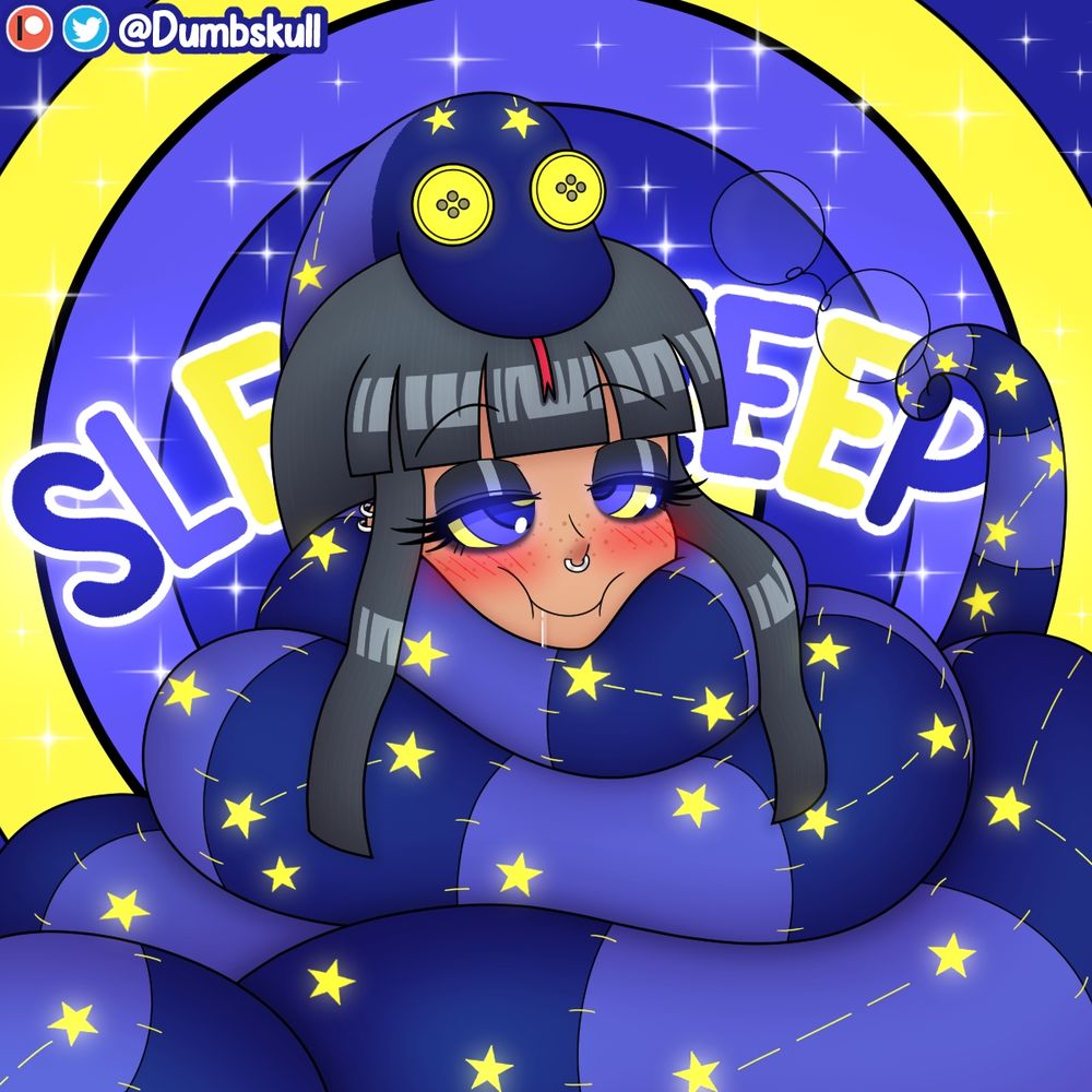 My goth girl OC Valerie coiled up, hypnotized and lulled to sleep by my plushie hypno snake OC Nyxus~ Her eyes are cross eyed and half lidded as she's about to fall asleep~ Nyxus' colored rings filling her eyes~ Her mouth forming a relaxed smile with some drool spilling out~ Nyxus' comfy coils completely capturing her with the coils squishing her cheeks~ Nyxus' lays it's head on top of hers~ Nyxus' tail has taken off and is holding Valerie's glasses~ Nyxus' colored rings fill the background along with the text "Sleeeeeeeeep" behind Valerie's head~ Sparkles are also spread across the background~