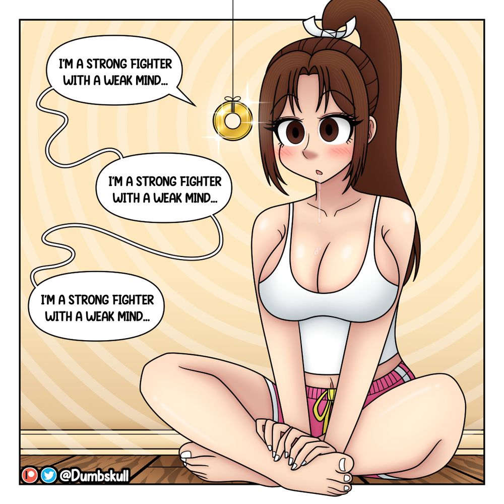 Mai Shiranui from the Fatal Fury and King of Fighters series being hypnotized by a pendulum~ She is sitting down wearing her casual outfit seen in her appearance in Street Fighter 6 as a DLC character~ Her eyes are wide open and empty while her gaping mouth drools onto her chest~ She is repeating the mantra "I'm a strong fighter with a weak mind"~