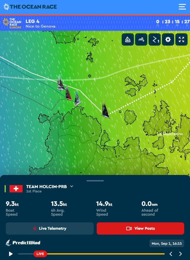 01.09.2025 - 16:15  Screenshot des Ocean Race Livetrackers - Das Boot Holcim (grün) an der Nordspitze Sardiniens, dahinter drei weitere Boote nah an der Spitze