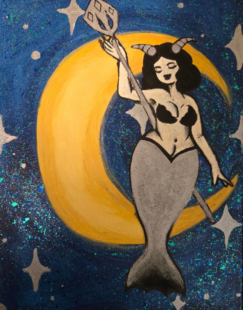 A Horned Mermaid with a Trident in hand in front of the moon.