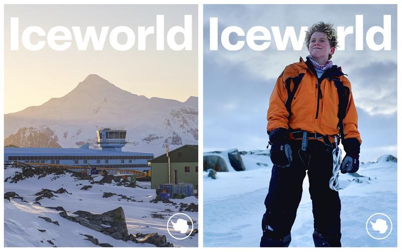 Two images: the left shows snow-covered research station with a mountain backdrop under a clear sky at sunrise or sunset. The right shows a person wearing warm clothing in a snowy landscape.