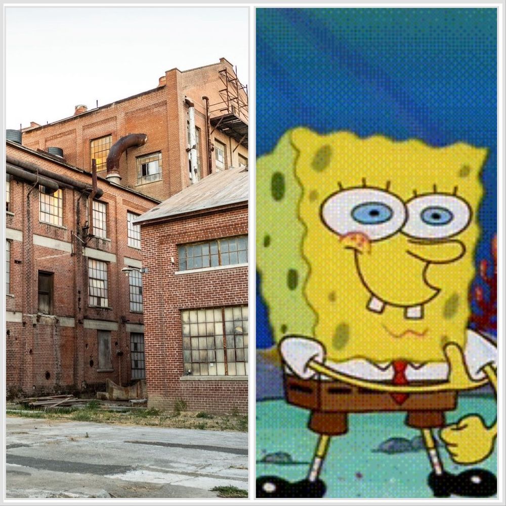 A split picture collage. On the left, an abandoned factory with weathered brick and broken windows. On the right, Spongebob Squarepants making armpit farts