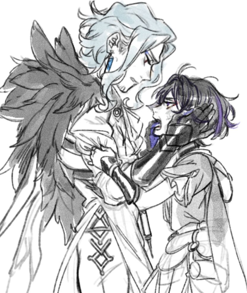 Dottore and Scara, Dottore has a thumb jammed in Scara's mouth and his other hand holding Scara's head still while he examines with a frown; Scara clutches irritably at Dottore's sleeves in protest 