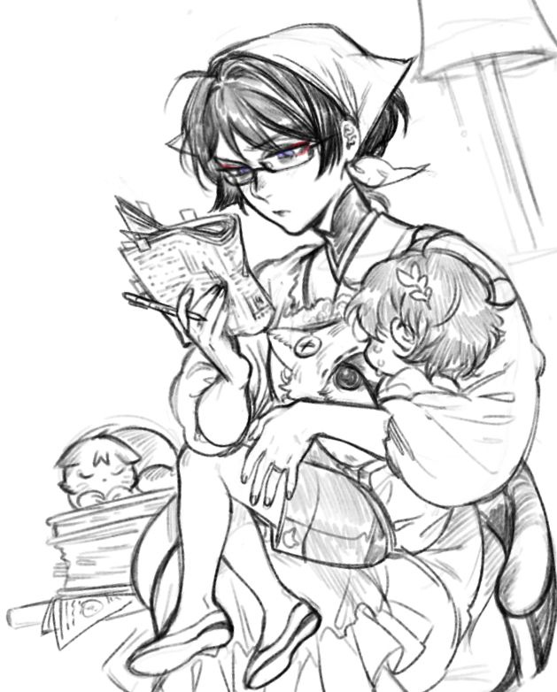 Scara in a kappogi over kimono and wearing glasses, studying from a rolled up textbook while holding little Ratio bundled up in the other arm. Scarameow sleeps on a stack of textbooks nearby.