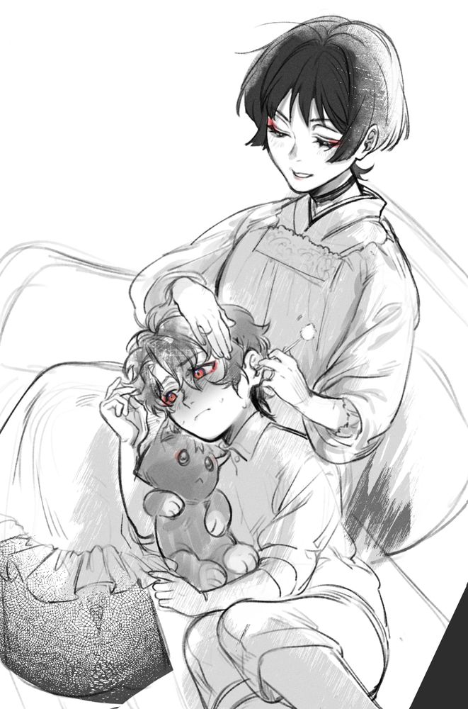 Scaramama sitting on a sofa with Veritas' head in his lap, cleaning his ears for him. Veri appears bashful and clutches a Scarameow plush