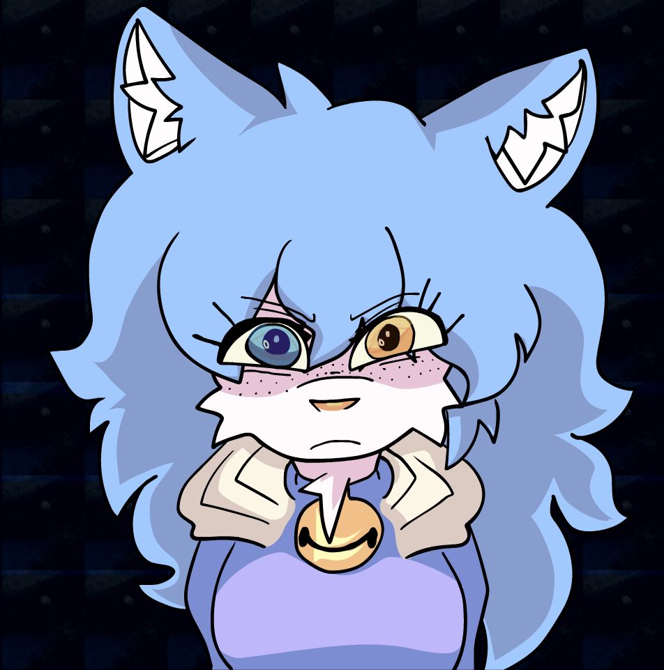 Got this weird looking cat staring at me with her blue and yellow eyes, have no idea if she's human in the slightest, she even has aqua hair and fur, so probably not, but she stands in two legs and has a hoodie... I have no idea what this is anymore, is that a gold bell?