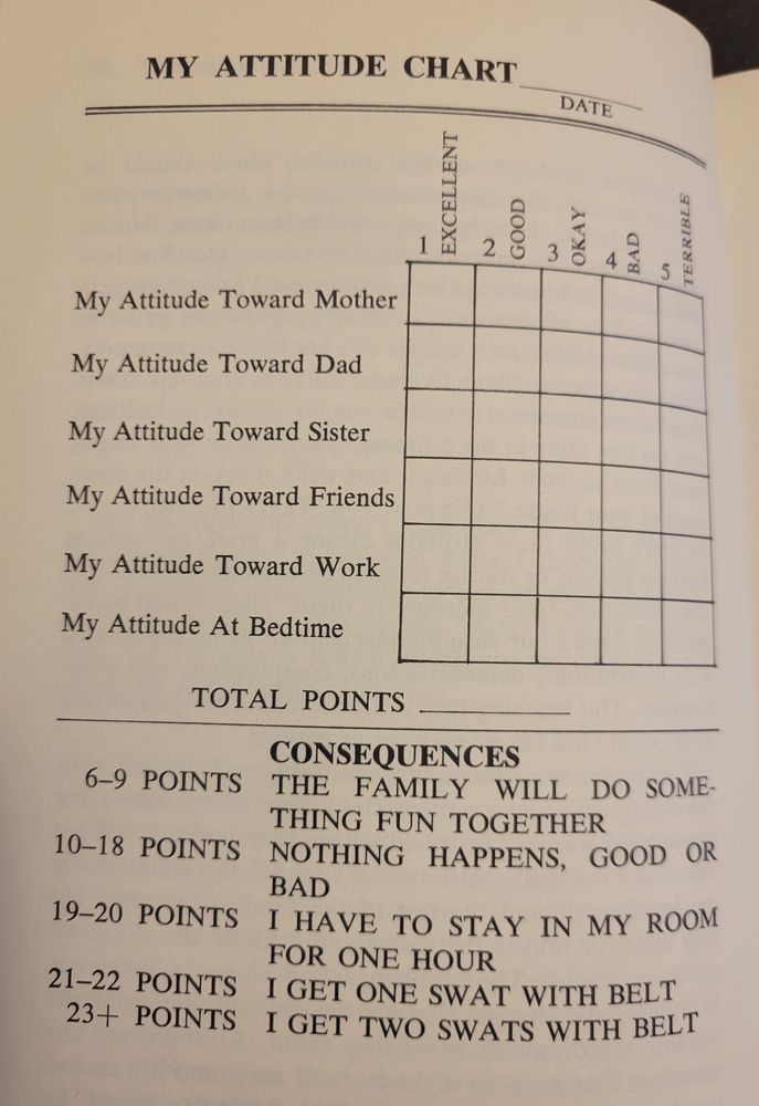 A chart from a Dobson book with a list of behaviors and punishments, with the highest point totals equaling either “I get one swat with belt” or “I get two swats with belt”. 