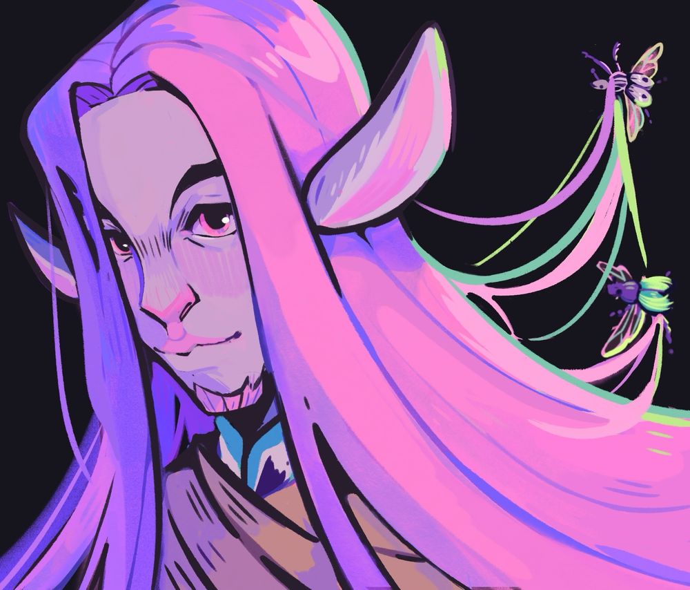Digital drawing of Caduceus Clay from critical role from the shoulders up .there are 2 beetles flying near his head lifting strands of his hair. The background is black.