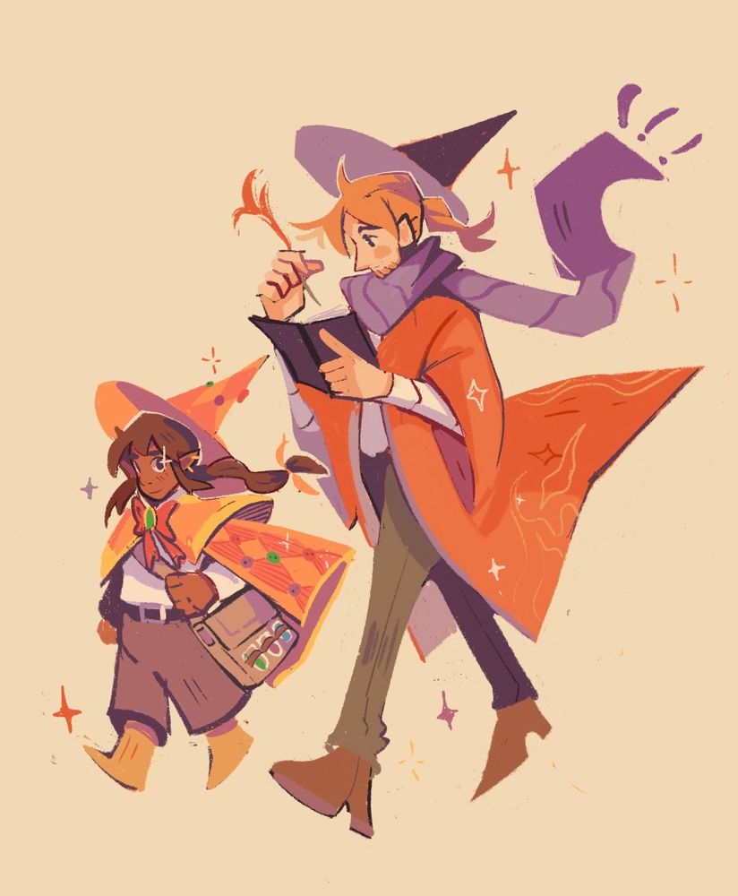 Digital drawing of Caleb widogast and veth brenatto from critical role campaign 2. Caleb is wearing red wizards robes with a pointed purple wizard hat and a purple scarf. He’s walking forward while writing in a note book.

Veth is walking beside him wearing an orange and yellow diamond patterned cape and matching pointed hat . She has a bag with potions strapped to it and is also walking forward. There are sparkles  around both of them.

The background is a light yellow. 