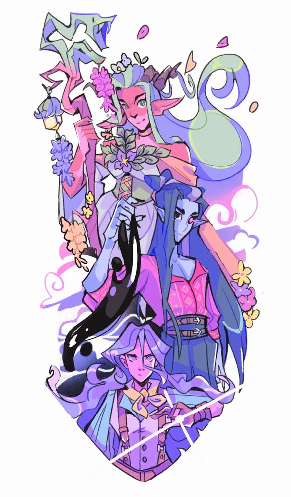 Digital drawing of laudna, fearne and imogen from critical role campaign 3. all from the waist up. They are in a group formation. Imogen has a ball of white power in her hand, laudna has black ichor dripping from her fingers, and fearne is holding her staff. There are clouds behind them and the background is white.
