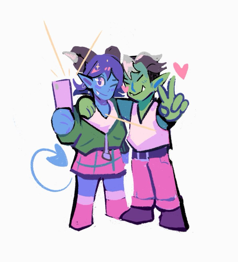 Digital drawing of fjord and jester from critical role campaign 2 taking a self together. They’re in modern outfits. Jesters in a white top with a green sweater and pink skirt . Fjords wearing a white tank top and pink pants to match with jester. Jester is holding the phone and winking. fjord has one arm around jester and the other showing a peace sign he’s leaning into jester and smiling. 

The background is white