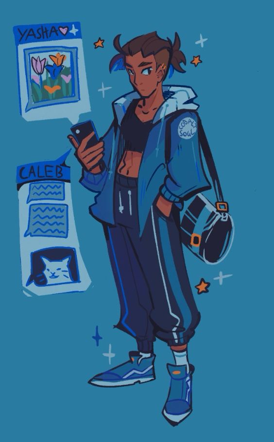 Digital drawing of beau from critical role campaign 2 in a modern outfit. She’s in a blue unzipped hooded sweater and  black sweat pants and cropped shirt. She’s carrying a sports bag and wearing running shoes. She has her phone out and texts from Yasha and Caleb can be seen. Yasha is sending a flower image and Caleb is sending an upset cat meme. The background is blue.