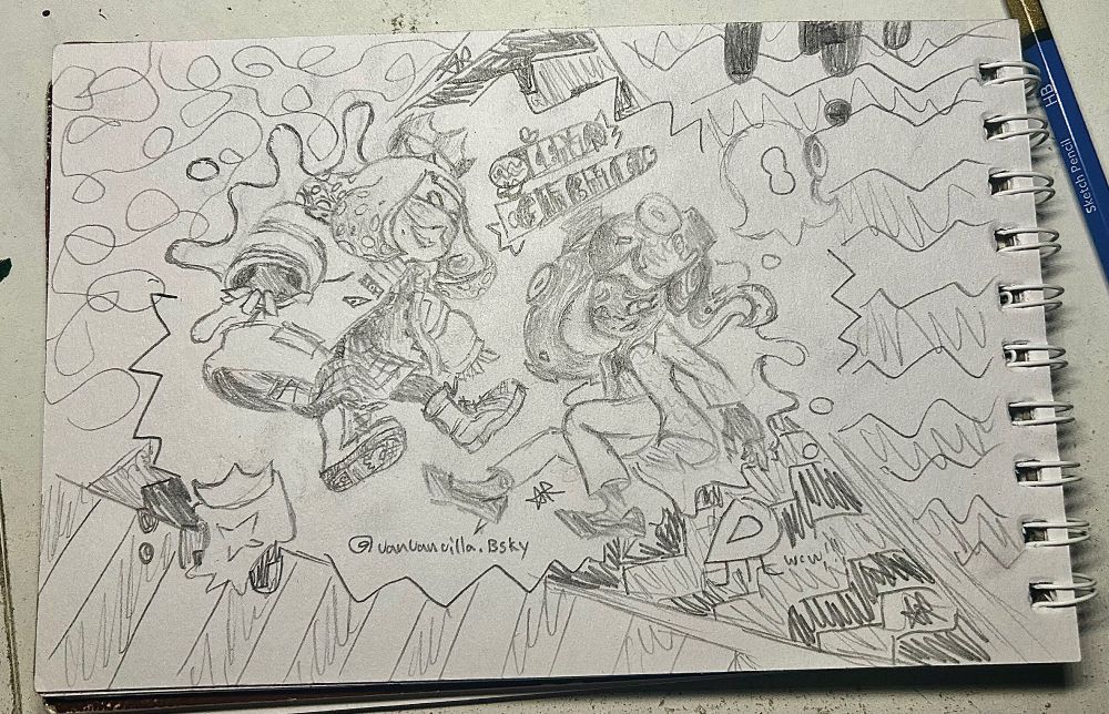 OTH from Side Order, in front of their news time starting screen, drawn as traditional media pencil sketch