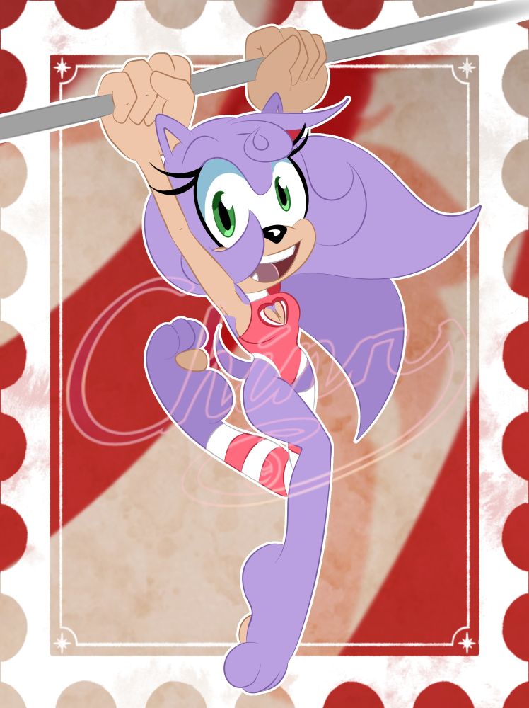 Original character Nula, swinging on a trapeze, smiling and wearing a striped outfit 