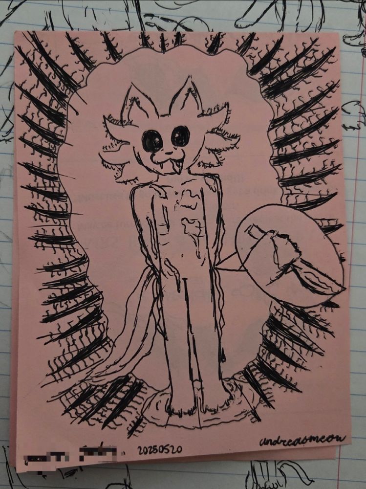 Doodle of an Axolotl cat weilding a knife behind their back. Surrounded by lots of Axolotl "antenna"/receptors.. of some sort