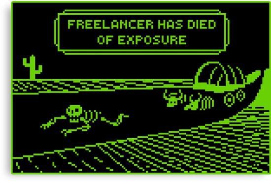 A black and green screen capture of an old video game shows a skeleton collapsed on a long stretch of desert road ahead of a wagon with two cow skeletons behind him. A title box above reads "Freelancer has died of exposure."