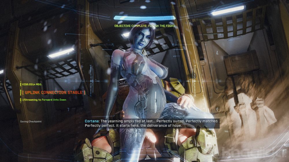 A pregnant Cortana's partially sitting and holding herself up from Master Chief's lap, remnant cum pouring out from his length. They're aboard a Pelican, and the point of view is from a MJOLNIR helmet.
 
The interface reads as follows, from top to bottom: 
"Objective complete: Finish the fight"
"VISR.OS\>MSG"
"[Uplink connection stable]"
"//Streaming to Forward Unto Dawn"
"Saving checkpoint"
"Cortana: The yearning amply fed at last... Perfectly suited. Perfectly matched. Perfectly perfect. It starts here, the deliverance of hope."