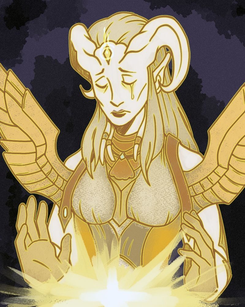 Portrait of a female lightforged draenei. The Light shines between her palms, and a lonely tear runs down her cheek. 