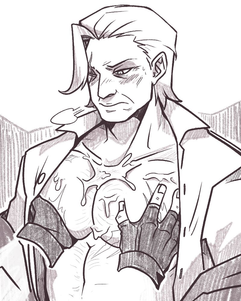NSFW sketch of Sergei Vladimir from Resident Evil. He wears an open shirt and someone's gloved hands grope his massive pecs covered in cum. Sergei looks at it with embarracement and a little annoyance.