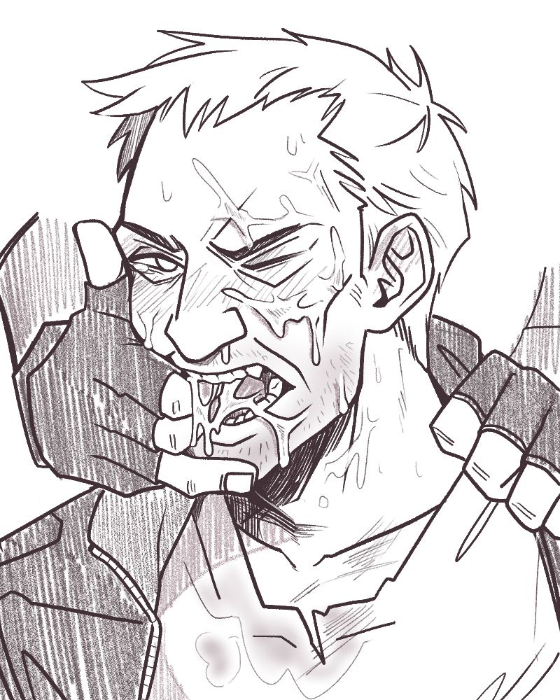 Sketchy NSFW portrait of Nikolai Zinoviev from Resident Evil.
His face is covered in semen. One anon hand is holding his face, two fingers inside the mouth to keep it open. The other anon hand is holding collar of his jacket