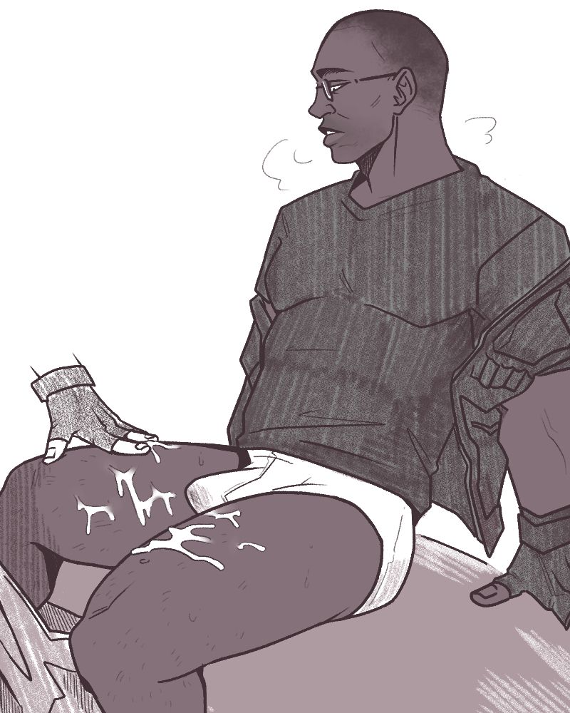 Sketchy NSFW portrait of Tyrell Patrick from Resident Evil.
He is half clothed: wearing shirt, jacket and briefs. He is aroused and his legs are spread, cum covering the hips. Anon hand strokes his thigh.