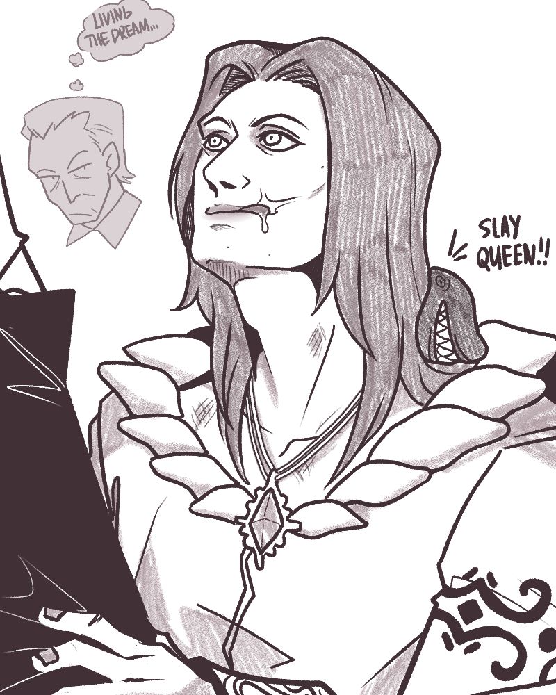 Sketchy fanart of James Marcus from Resident Evil (young form)
He is on his knees before anon, holding onto their pants and looking up, licking his lips with a bit of cum on it. 
On Marcus' shoulder there is a leech saying "slay queen!!" There is also a portrait of old Marcus, looking at this and thinking "living the dream"