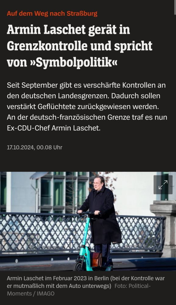 Spiegel-Artikel: Armin Laschet gerät in Grenzkontrolle, bebildert mit Laschet auf einem E-Scooter. 