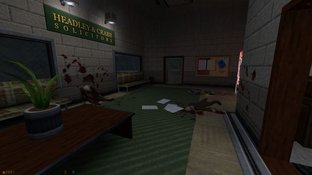 A gruesome scene in a video game office reception area. The sign overhead reads "HEADLEY & CRABB SOLICITORS." Blood splatters the walls and carpet, and two deceased, mutilated figures lie on the floor in front of a green rug and benches.