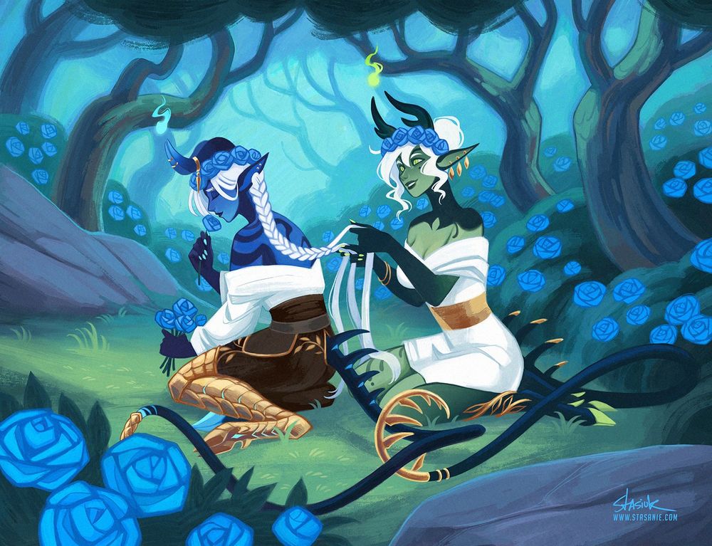 This artwork was created for Nexus and features the OCs Perun (who belongs to nexus) and Fern (who belongs to me).
Perun and Fern are enoki, a closed species created by Helixel.
Two demon women sit kneeling in a forest clearing. They are surrounded by bushes full of blue roses. Perun, the blue one, holds a small bouquet of fresh roses she has picked - holding one to her nose to take in the aroma. Meanwhile Fern, the green one, braids Perun’s hair.
