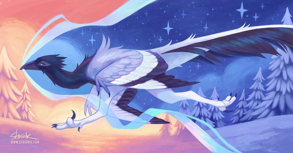 A raptor-like character named Enoch that belongs to ThatTrafficCone.
A raptor with a bird-like beak and corvid-esque markings dashes across a snowy landscape. Enoch carries an ethereal ribbon in his beak. As it trails behind him the warm sunset tones of the background become a soft purple night scene. #Stasanie #ArtFight