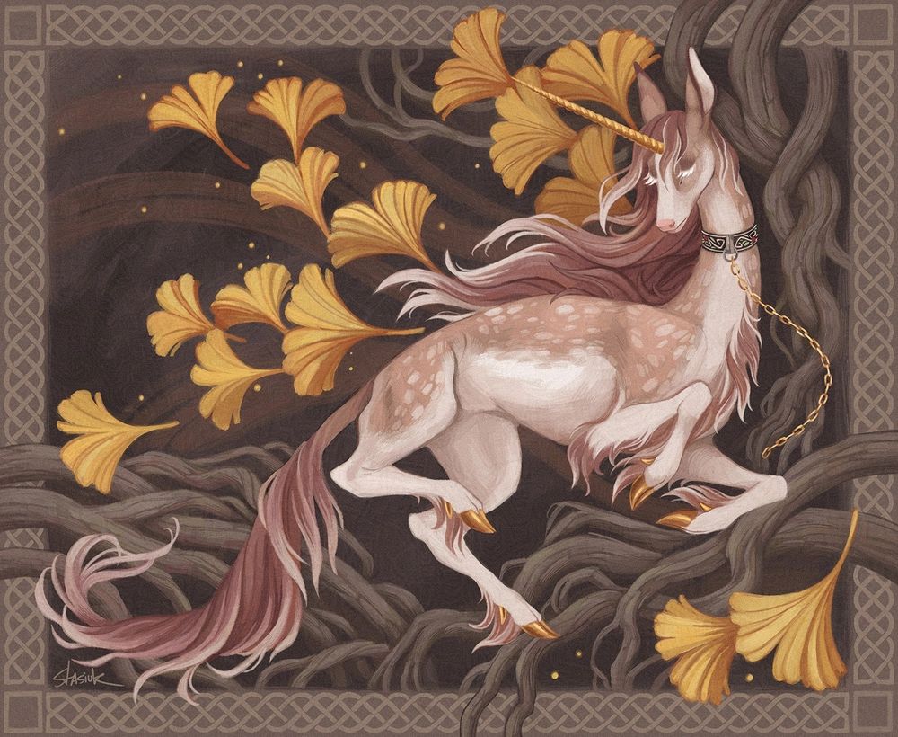 This OC is named Desideria and she belongs to tearfulunibou.bsky.social

A textured drawing of a deer unicorn with tan fur with cream dappling and a cream underbelly. She has a long mane that is slightly dark in colour, golden hooves, and a spiralling golden horn. Her long white eyelashes veil her eyes, and she has a somber expression. She has a black collar around her neck with a botanical motif, from which a golden chain dangles. She is surrounded by gnarled roots and framed by yellow gingko leaves. A celtic border frames this tapestry style artwork. #Stasanie
