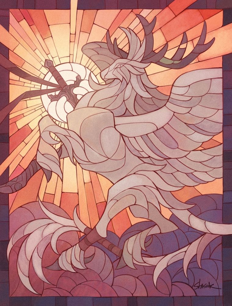 A grey deer rears resplendent in a stained glass art style. The deer has 2 sets of wings and a stone forelimb. Her large, elk-like antlers are made of granite and have a layer of moss on them. The sword embedded in her chest draws the attention as a gleamed sun casts a heavenly glow behind it. #Stasanie #Fowldyr