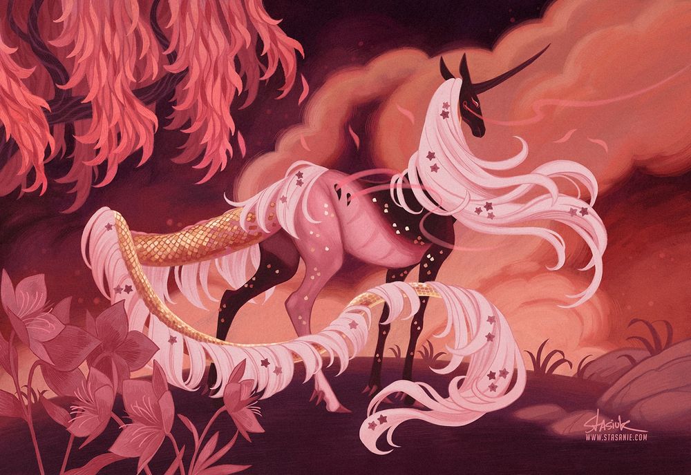 Rin is a Yinshin, a closed species created by Mathilde Périé
Rin is depicted here in her exalted form. She has a unicorn-like appearance with a thick dragon-like tail covered in golden scales. The front half of her body is dark maroon in colour, and the hind part of her body is pink. She has a light pink mane covered in hellebore flowers. She stands facing away from the viewer against a dark sunset sky. Creamy clouds billow up in the distance, and a pink willow hangs overhead. In the foreground are more of her affinity flowers - the hellebore. #Stasanie #Junicorn