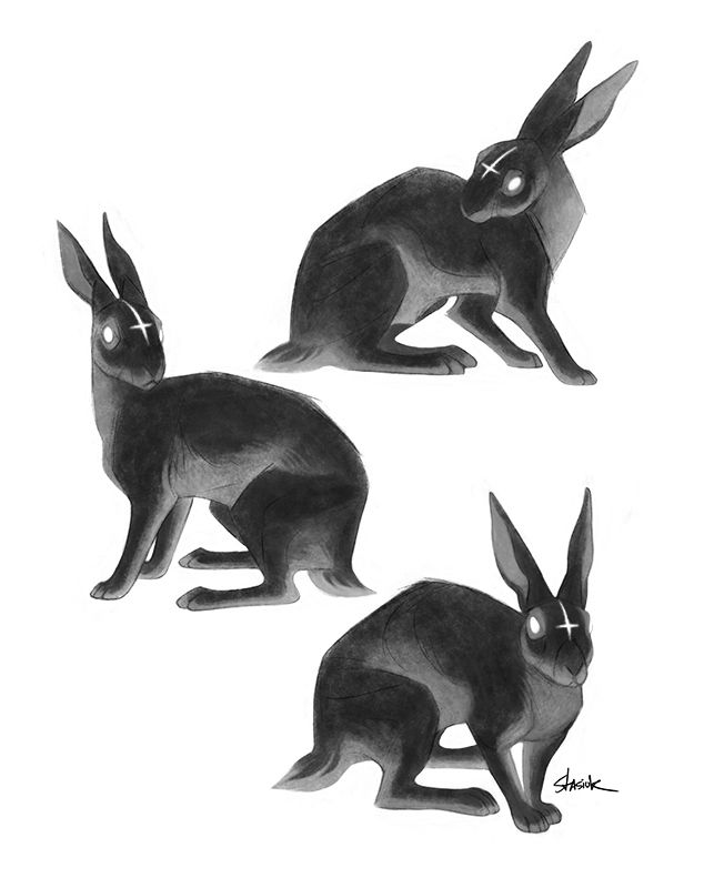 Three black rabbits on a white background. The rabbits have white eyes and markings on their heads that look like upside down crosses. #Stasanie