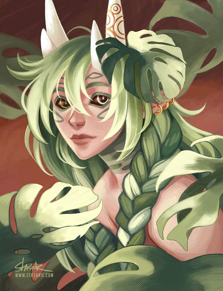 A portrait of Terra - and OC that belongs to Halovana.
Terra is a Yinshin - a closed species created by Mathilde Perie.
A portrait of a woman with voluminous hair in various shades of green and white. Her hair is partially braided, and she has a variegated monstera next to her small white horns. The woman has dark sclera and heterochromia - one eye is green while the other is white. She is surrounded by monstera leaves and posed against a rusty coloured background. #ArtFight #Stasanie