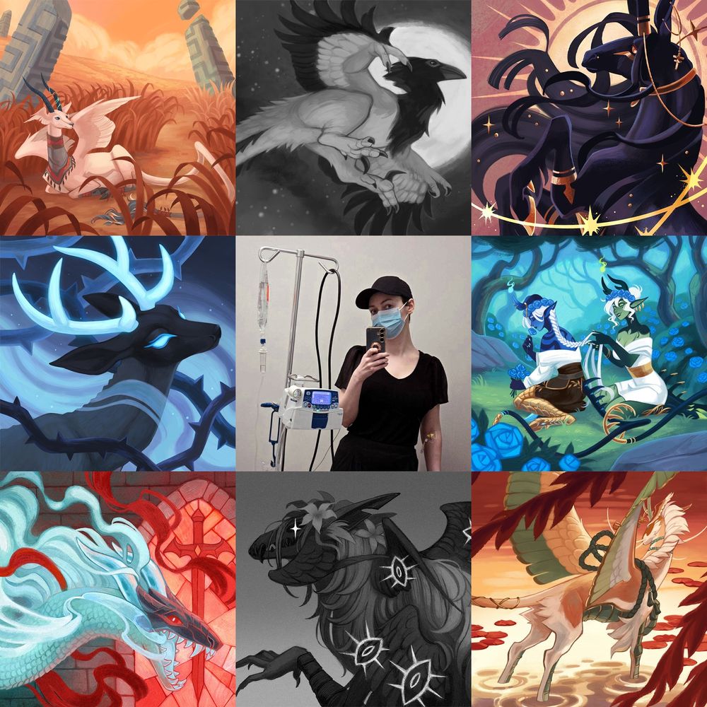 A 9x9 grid featuring artworks by the artist Stasanie. The artworks are mainly fantasy themed featuring demon ladies, horses, deer, dinosaurs, and other creatures, as well as fantasy landscapes. In the center is a selfie of the artist wearing all black, a black baseball hat, and a mask. The artist is standing next to an IV machine.