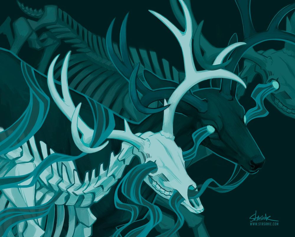Three deer are lined diagonally across the canvas. The first deer is a pale skeleton, the second a dark apparition with coiling smoke flowing from it's body, and the third is a translucent skeleton. The deer are linked by a strange smoke that flows through their eyes, and the tines of their antlers are interlocked. This drawing was inspired by Pneuma by Tool. #Stasanie