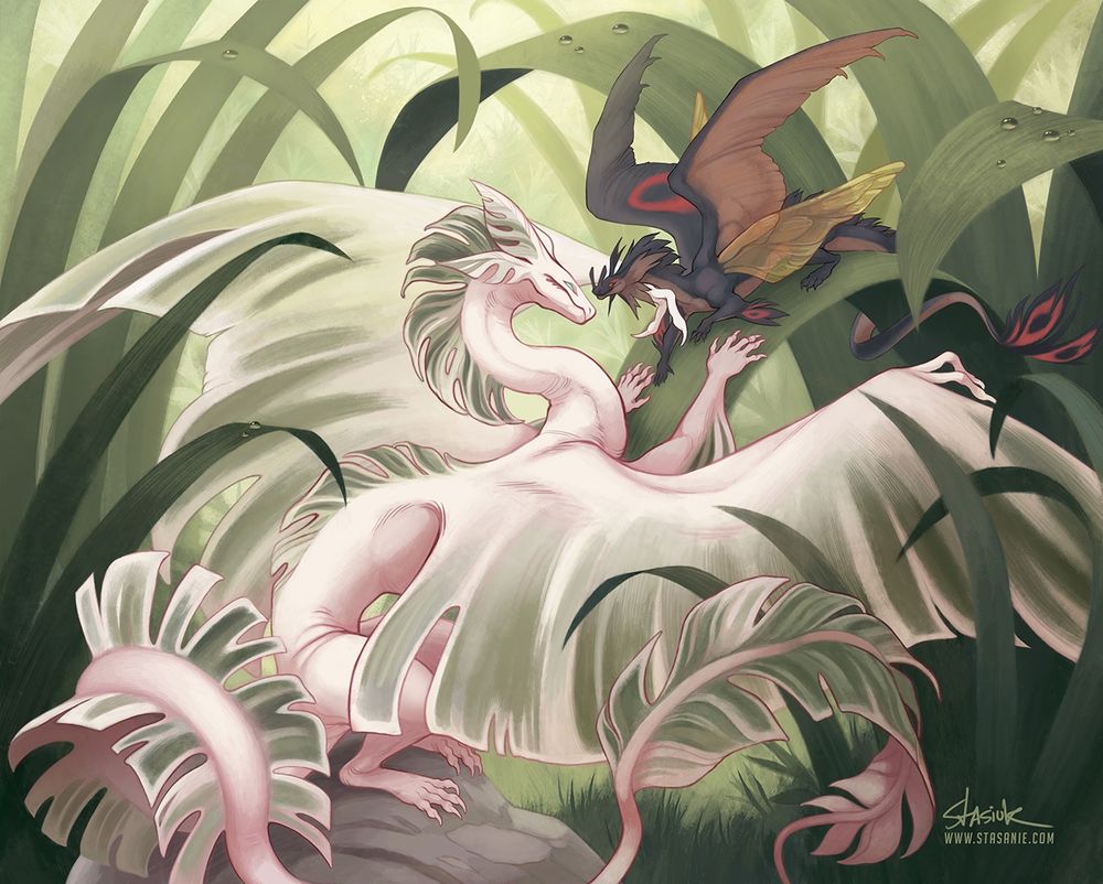 Danny & Ross commissioned this scene depicting a tender moment between their dragons - a pothos inspired dragon and a beetle inspired dragon. The larger dragon gently caresses her lady in waiting, putting weight on the leaf to draw her closer.