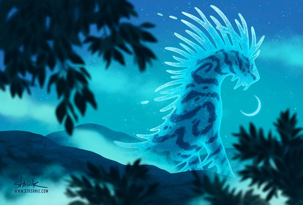 A digital drawing of the Nightwalker from the movie Princess Mononoke. The Nightwalker is seen from afar, travelling through the mountains that it towers over as the moon looms overhead. This night time scene is bathed in blue, and framed by dark bushes and the dangling branches of an overhead tree. #Stasanie